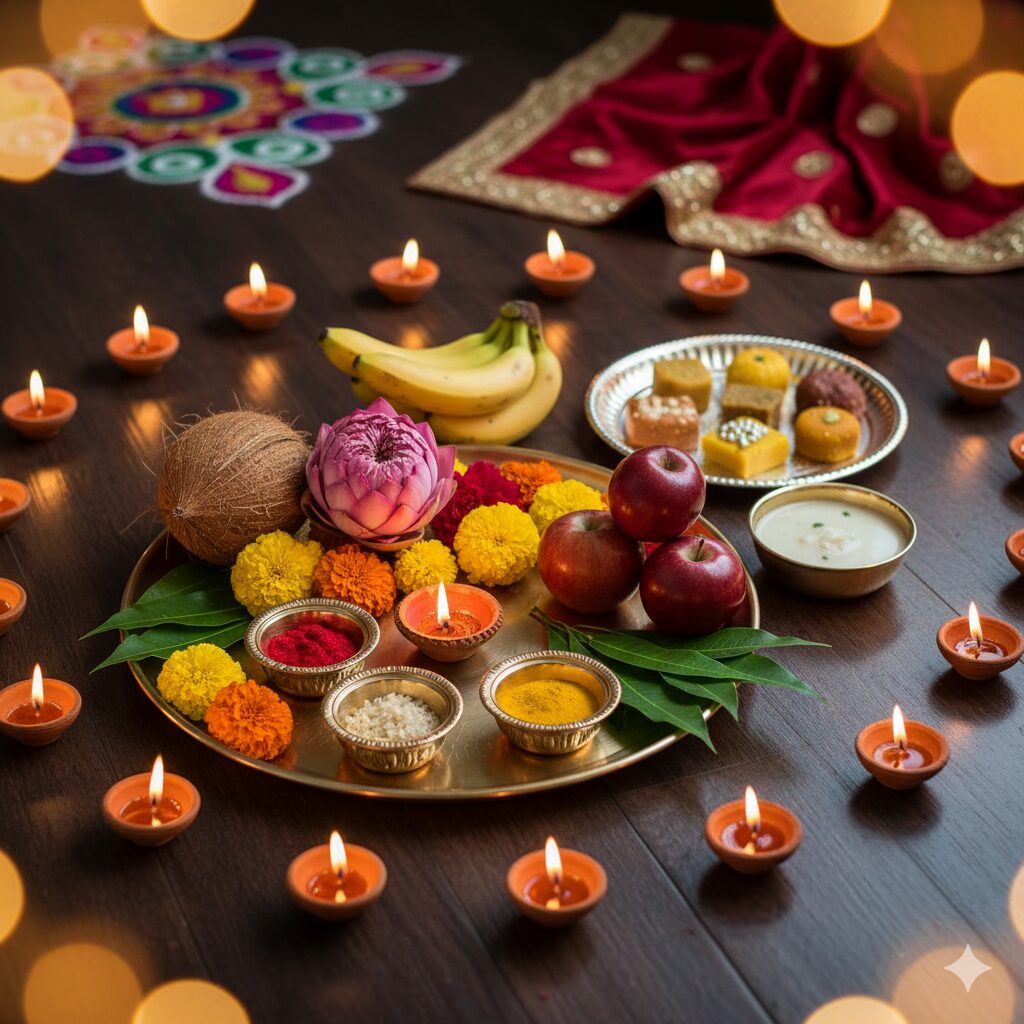 Family performing Lakshmi Puja Aarti for Diwali 2025,Goddess Lakshmi puja setup, Diwali 2025, traditional Indian festival, offerings to Lakshmi and Ganesha, festive decorations,

Hands performing Lakshmi Puja, lighting diya and incense, Ganesha idol, traditional ritual, Diwali preparations,

Lakshmi Puja samagri, festive offerings, fruits, sweets, flowers, diyas, essential puja items, Diwali traditions,

Family performing Lakshmi Puja Aarti, Diwali 2025 celebration, parents and children praying, traditional Indian attire, festive home decor,