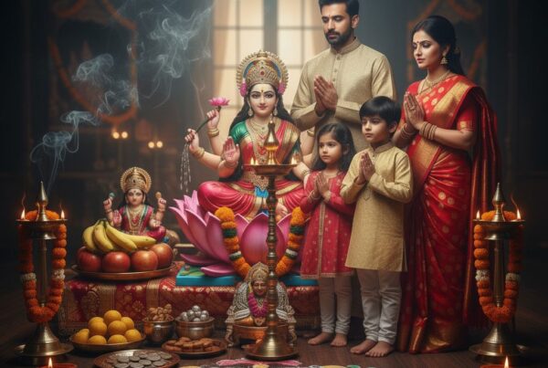 Goddess Lakshmi puja setup, Diwali 2025, traditional Indian festival, offerings to Lakshmi and Ganesha, festive decorations, Hands performing Lakshmi Puja, lighting diya and incense, Ganesha idol, traditional ritual, Diwali preparations, Lakshmi Puja samagri, festive offerings, fruits, sweets, flowers, diyas, essential puja items, Diwali traditions, Family performing Lakshmi Puja Aarti, Diwali 2025 celebration, parents and children praying, traditional Indian attire, festive home decor,