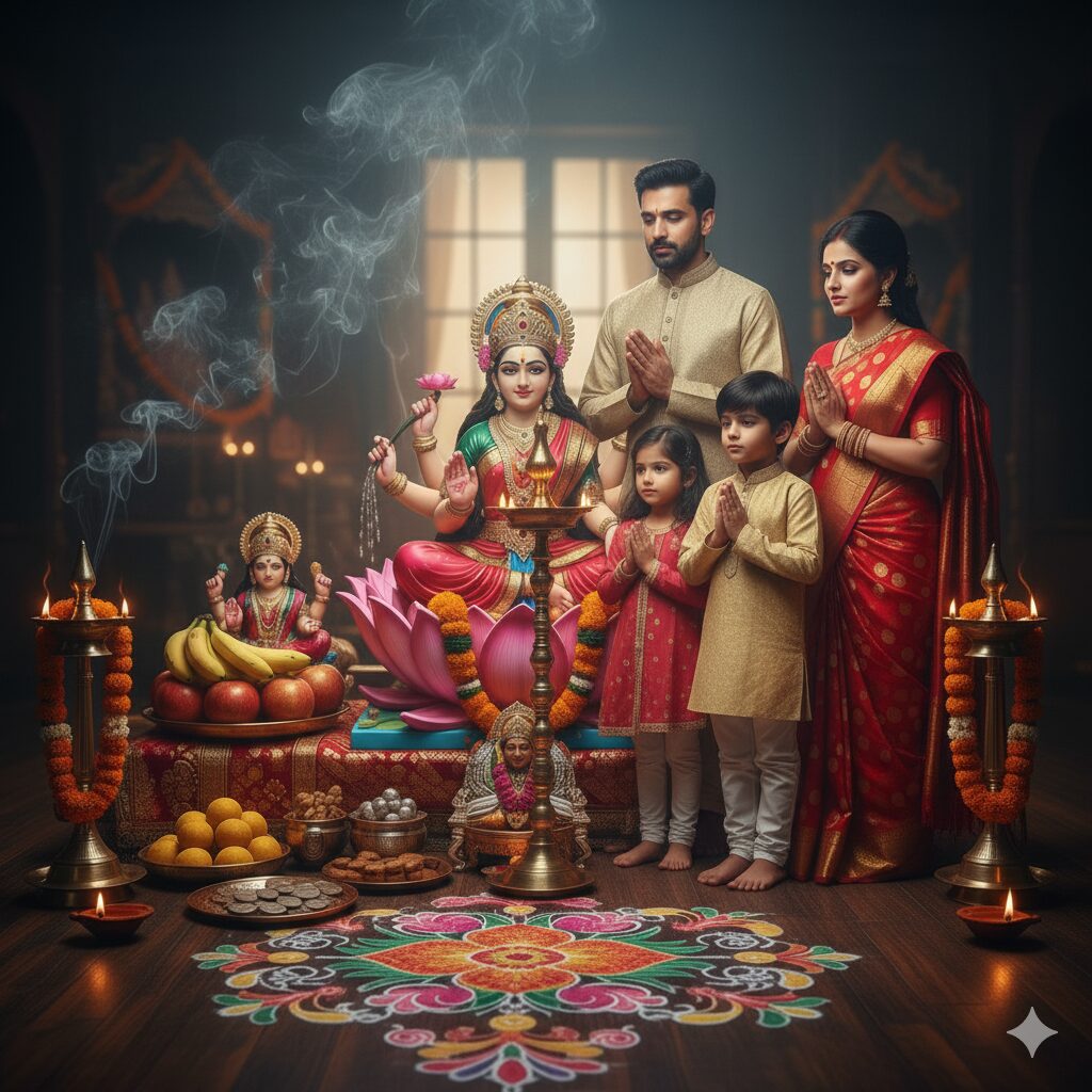Goddess Lakshmi puja setup, Diwali 2025, traditional Indian festival, offerings to Lakshmi and Ganesha, festive decorations,
Hands performing Lakshmi Puja, lighting diya and incense, Ganesha idol, traditional ritual, Diwali preparations,
Lakshmi Puja samagri, festive offerings, fruits, sweets, flowers, diyas, essential puja items, Diwali traditions,
Family performing Lakshmi Puja Aarti, Diwali 2025 celebration, parents and children praying, traditional Indian attire, festive home decor,