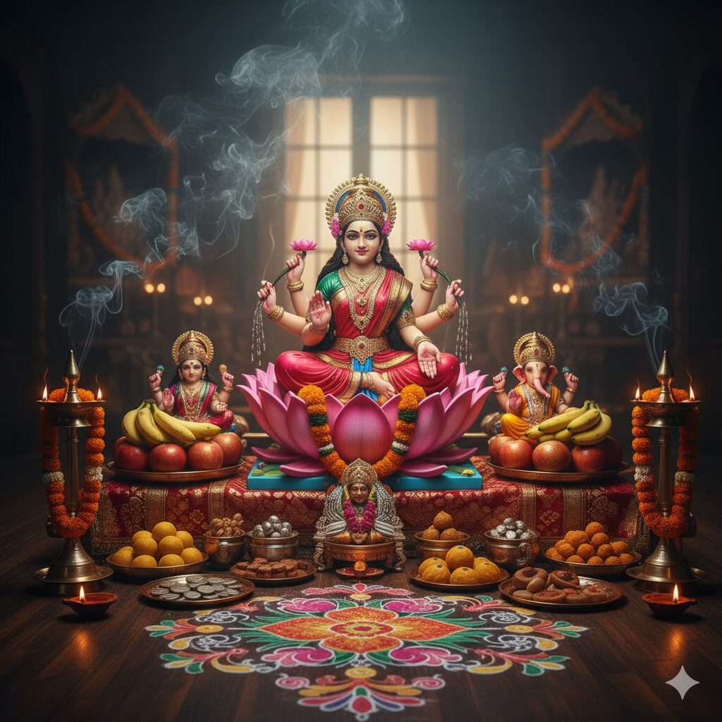 Goddess Lakshmi puja setup, Diwali 2025, traditional Indian festival, offerings to Lakshmi and Ganesha, festive decorations,

Hands performing Lakshmi Puja, lighting diya and incense, Ganesha idol, traditional ritual, Diwali preparations,

Lakshmi Puja samagri, festive offerings, fruits, sweets, flowers, diyas, essential puja items, Diwali traditions,

Family performing Lakshmi Puja Aarti, Diwali 2025 celebration, parents and children praying, traditional Indian attire, festive home decor,
